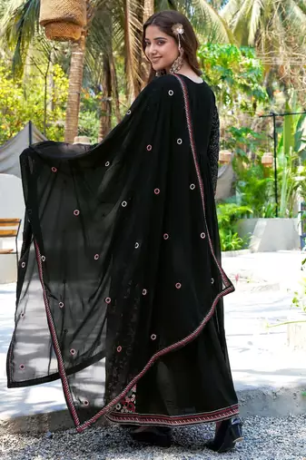 Black faux georgette stitched gown with dupatta full sleeve embroidered a-line gown