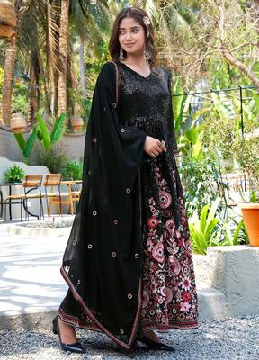 Black faux georgette stitched gown with dupatta full sleeve embroidered a-line gown 3