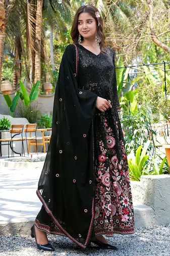 Black faux georgette stitched gown with dupatta full sleeve embroidered a-line gown