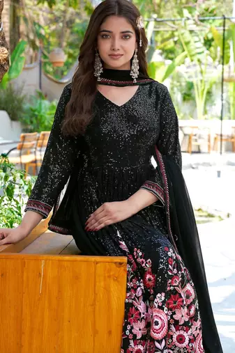 Black faux georgette stitched gown with dupatta full sleeve embroidered a-line gown