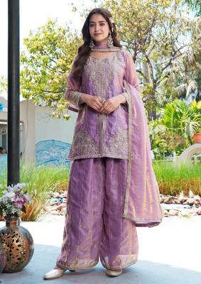 Purple m d silk stitched top with stitched md silk bottom and md silk dupatta full sleeve embroidered straight kurta 1