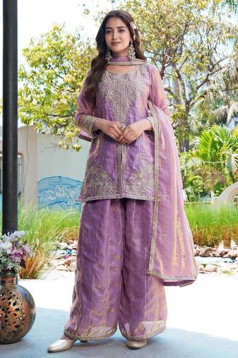 Purple m d silk stitched top with stitched md silk bottom and md silk dupatta full sleeve embroidered straight kurta