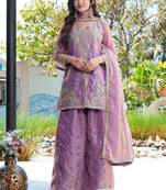 Purple m d silk stitched top with stitched md silk bottom and md silk dupatta full sleeve embroidered straight kurta