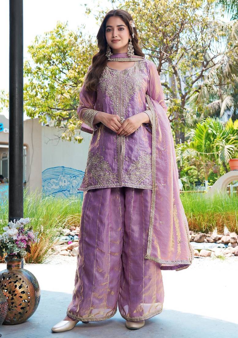 Purple m d silk stitched top with stitched md silk bottom and md silk dupatta full sleeve embroidered straight kurta