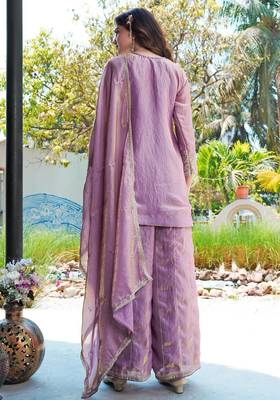 Purple m d silk stitched top with stitched md silk bottom and md silk dupatta full sleeve embroidered straight kurta 2