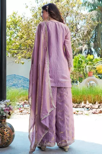 Purple m d silk stitched top with stitched md silk bottom and md silk dupatta full sleeve embroidered straight kurta