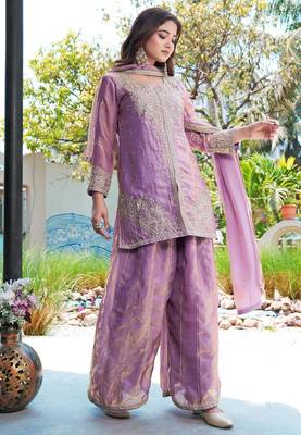 Purple m d silk stitched top with stitched md silk bottom and md silk dupatta full sleeve embroidered straight kurta 3