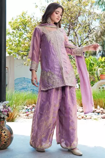 Purple m d silk stitched top with stitched md silk bottom and md silk dupatta full sleeve embroidered straight kurta