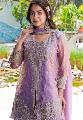 Purple m d silk stitched top with stitched md silk bottom and md silk dupatta full sleeve embroidered straight kurta 4