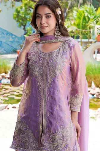 Purple m d silk stitched top with stitched md silk bottom and md silk dupatta full sleeve embroidered straight kurta
