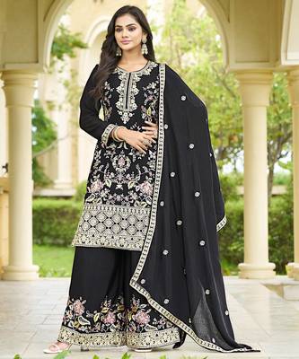 Black chinon stitched top with stitched chinon bottom and chinon dupatta full sleeve embroidered straight kurta 1