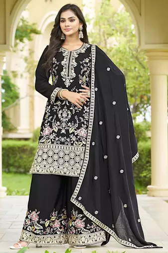 Black chinon stitched top with stitched chinon bottom and chinon dupatta full sleeve embroidered straight kurta