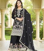Black chinon stitched top with stitched chinon bottom and chinon dupatta full sleeve embroidered straight kurta