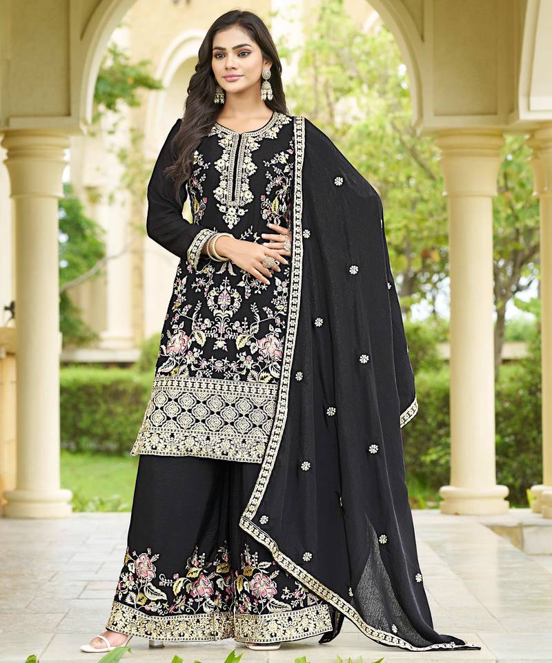 Black chinon stitched top with stitched chinon bottom and chinon dupatta full sleeve embroidered straight kurta