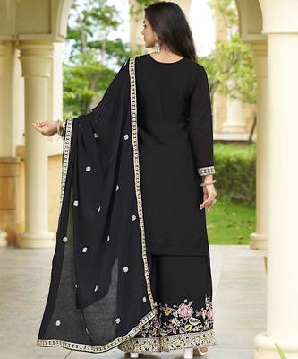 Black chinon stitched top with stitched chinon bottom and chinon dupatta full sleeve embroidered straight kurta 2
