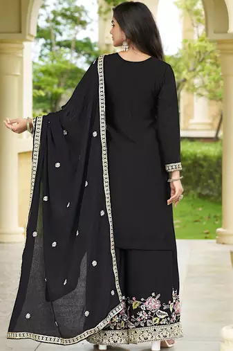 Black chinon stitched top with stitched chinon bottom and chinon dupatta full sleeve embroidered straight kurta