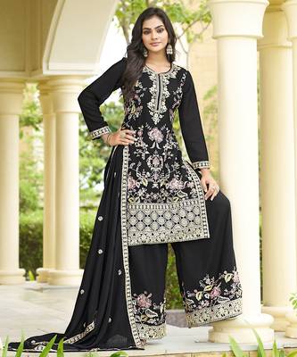 Black chinon stitched top with stitched chinon bottom and chinon dupatta full sleeve embroidered straight kurta 3