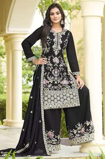 Black chinon stitched top with stitched chinon bottom and chinon dupatta full sleeve embroidered straight kurta