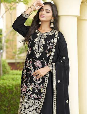 Black chinon stitched top with stitched chinon bottom and chinon dupatta full sleeve embroidered straight kurta 4