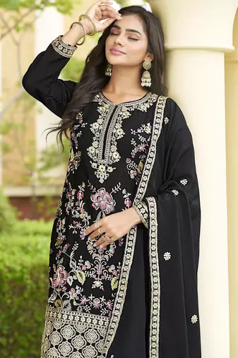 Black chinon stitched top with stitched chinon bottom and chinon dupatta full sleeve embroidered straight kurta