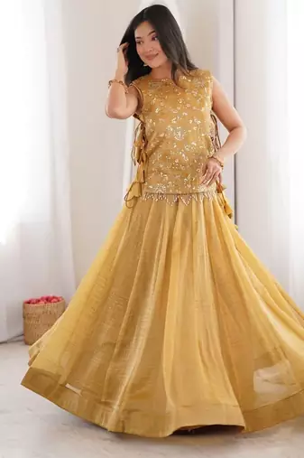 Elegant Yellow Gold Faux Georgette Lehenga Choli Set with Embroidered Koti for Women