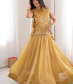 Elegant Yellow Gold Faux Georgette Lehenga Choli Set with Embroidered Koti for Women