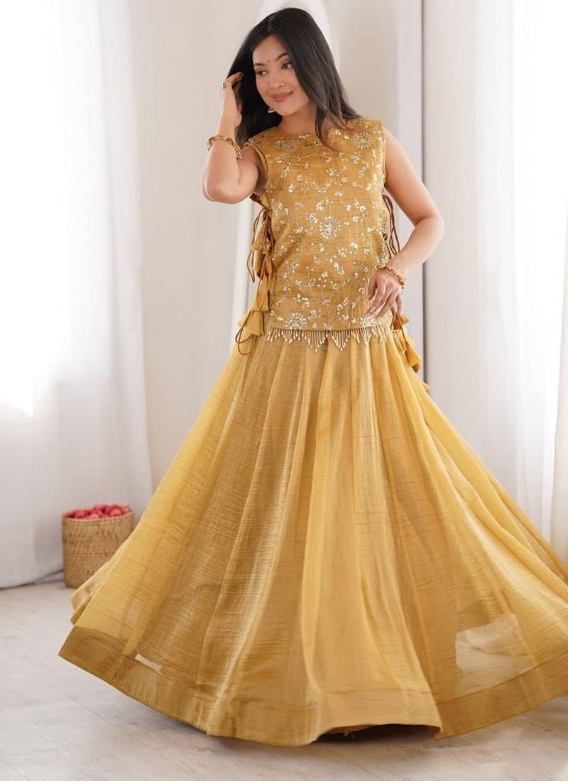 Elegant Yellow Gold Faux Georgette Lehenga Choli Set with Embroidered Koti for Women