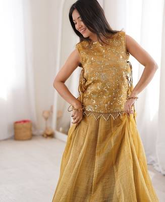 Elegant Yellow Gold Faux Georgette Lehenga Choli Set with Embroidered Koti for Women 3
