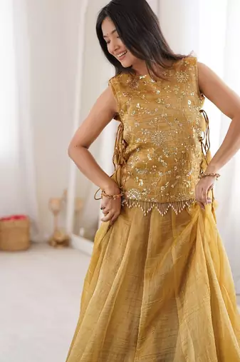 Elegant Yellow Gold Faux Georgette Lehenga Choli Set with Embroidered Koti for Women