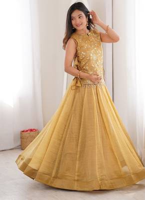 Elegant Yellow Gold Faux Georgette Lehenga Choli Set with Embroidered Koti for Women 4