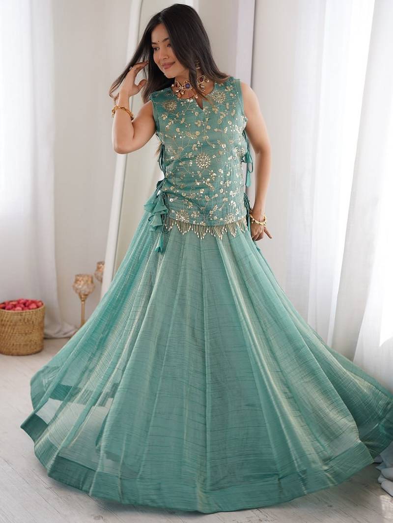 Elegant Sky Blue Faux Georgette Lehenga Choli Set with Embroidered Koti for Women