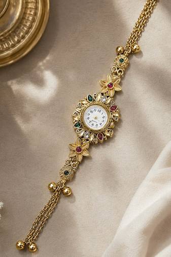 Designer Rani & Green Color Kundan Watch For Girls & Women Festive Wear Style