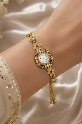 Designer Rani & Green Color Kundan Watch For Girls & Women Festive Wear Style