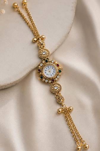 Premium Rani & Green Color Kundan Watch For Girls & Women Traditional Look