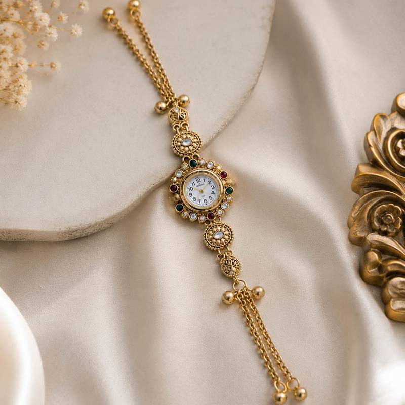 Premium Rani & Green Color Kundan Watch For Girls & Women Traditional Look
