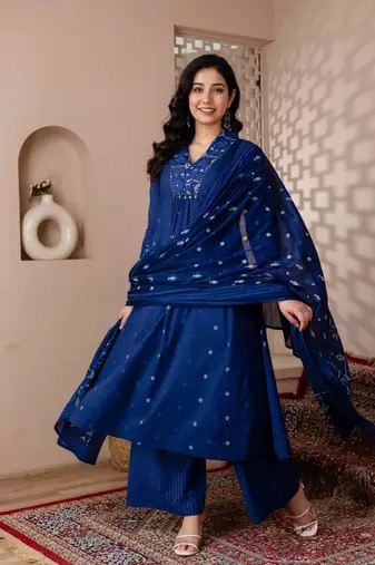 Cotton cambric a-line kurti-pant-dupatta set