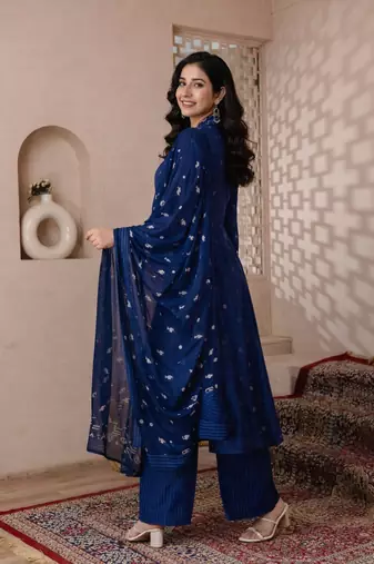 Cotton cambric a-line kurti-pant-dupatta set