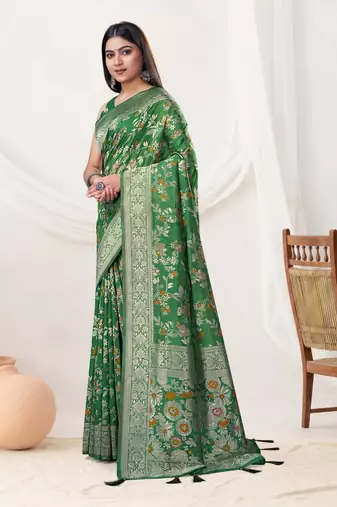  Bottle Green silk blend Saree with Zari & Floral Thread Work
