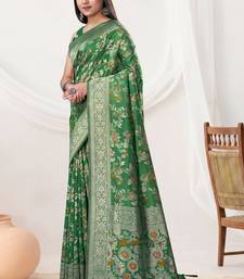  Bottle Green silk blend Saree with Zari & Floral Thread Work