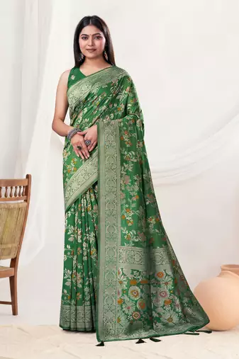 Bottle Green silk blend Saree with Zari & Floral Thread Work