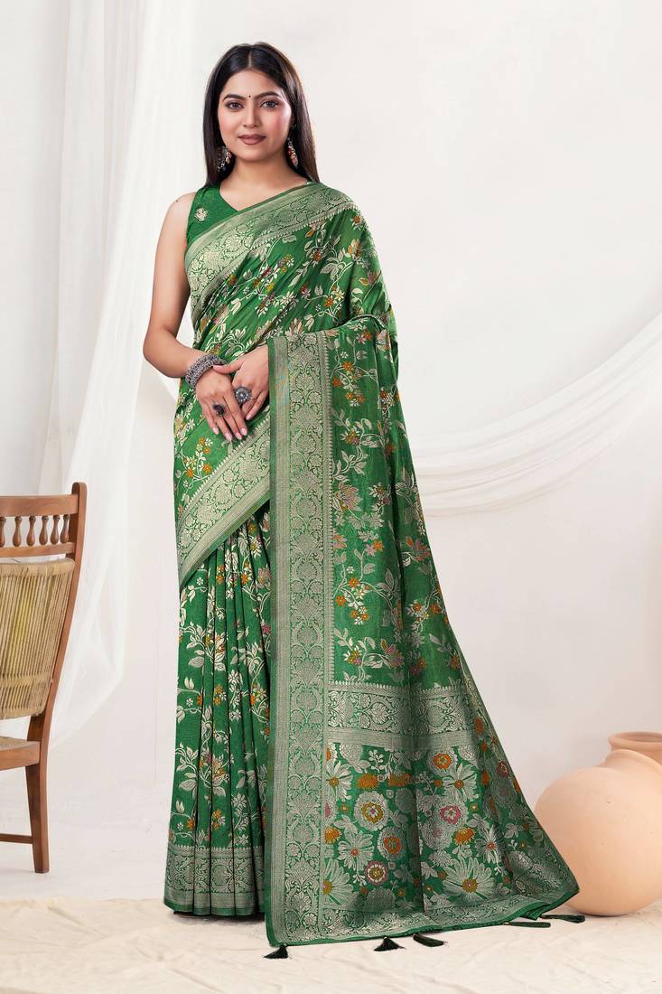  Bottle Green silk blend Saree with Zari & Floral Thread Work
