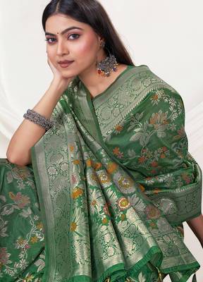  Bottle Green silk blend Saree with Zari & Floral Thread Work 3
