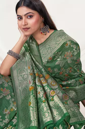 Bottle Green silk blend Saree with Zari & Floral Thread Work