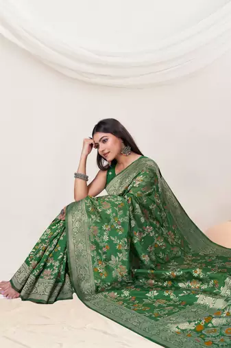  Bottle Green silk blend Saree with Zari & Floral Thread Work