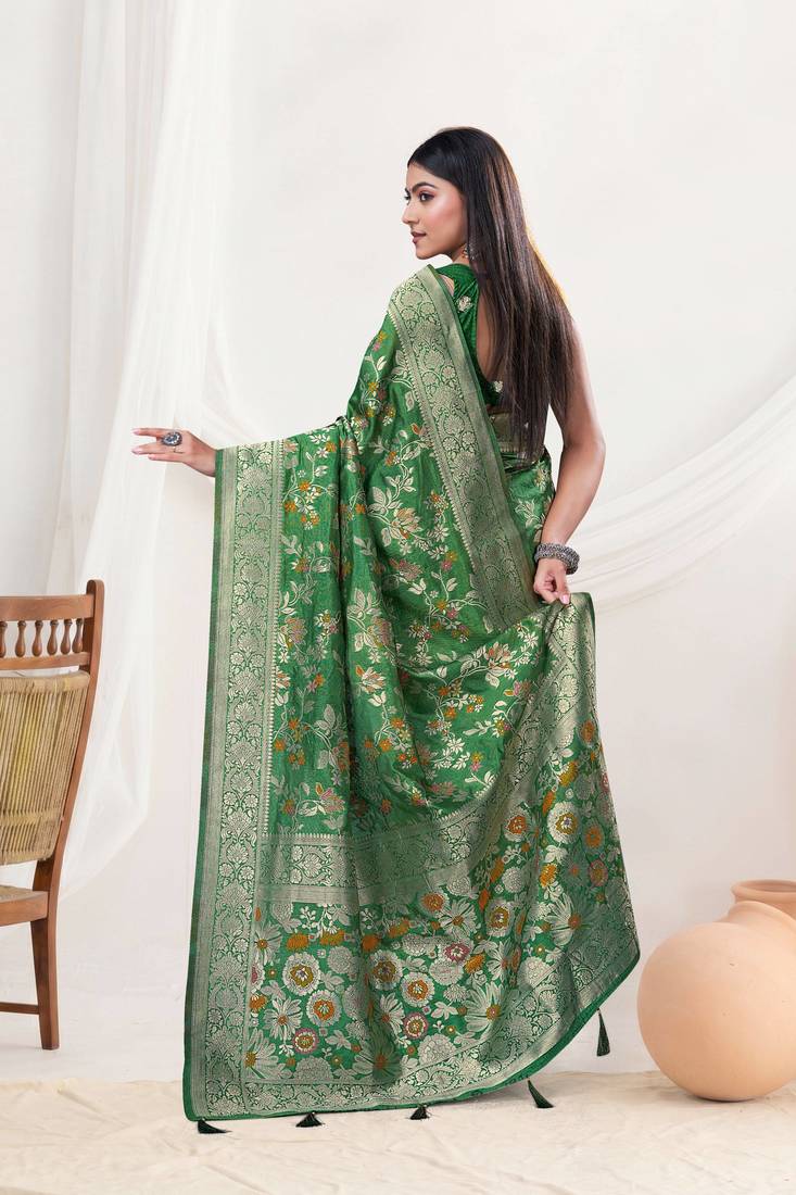  Bottle Green silk blend Saree with Zari & Floral Thread Work