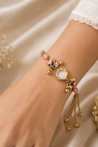 Premium Rani & Green Color Kundan Watch For Girls & Women Elegant Collection