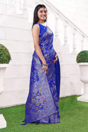  Cobalt Blue silk blend Raw Saree with Zari & Floral Thread Work
