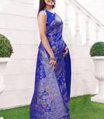  Cobalt Blue silk blend Raw Saree with Zari & Floral Thread Work