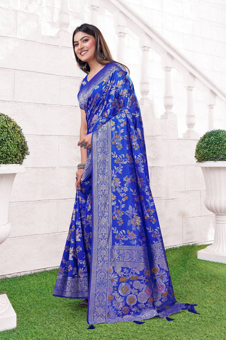  Cobalt Blue silk blend Raw Saree with Zari & Floral Thread Work