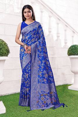  Cobalt Blue silk blend Raw Saree with Zari & Floral Thread Work 3